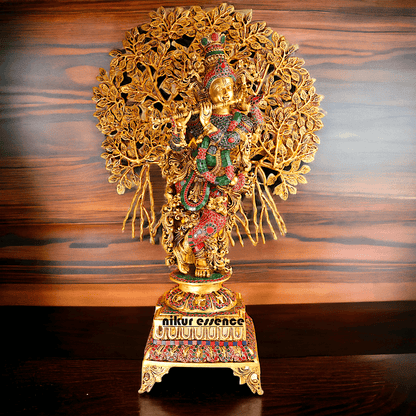 Pure Brass Krishna with Tree Design | Hindu God Krishna | Brass Krishna | Stone work Nikuressence