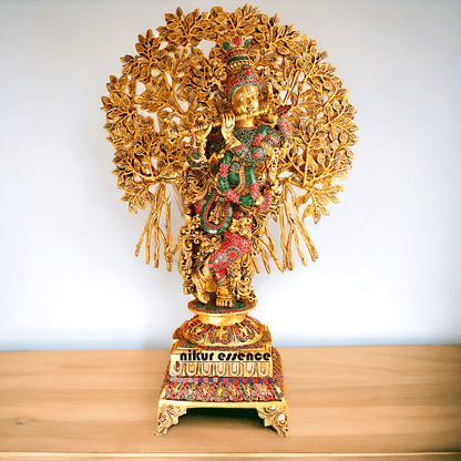 Pure Brass Krishna with Tree Design | Hindu God Krishna | Brass Krishna | Stone work Nikuressence