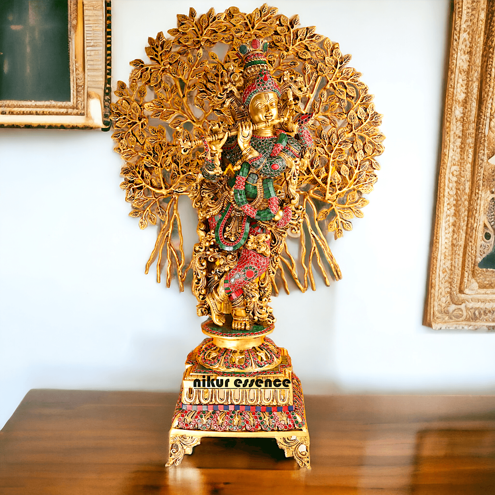 Pure Brass Krishna with Tree Design | Hindu God Krishna | Brass Krishna | Stone work Nikuressence