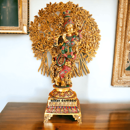 Pure Brass Krishna with Tree Design | Hindu God Krishna | Brass Krishna | Stone work Nikuressence