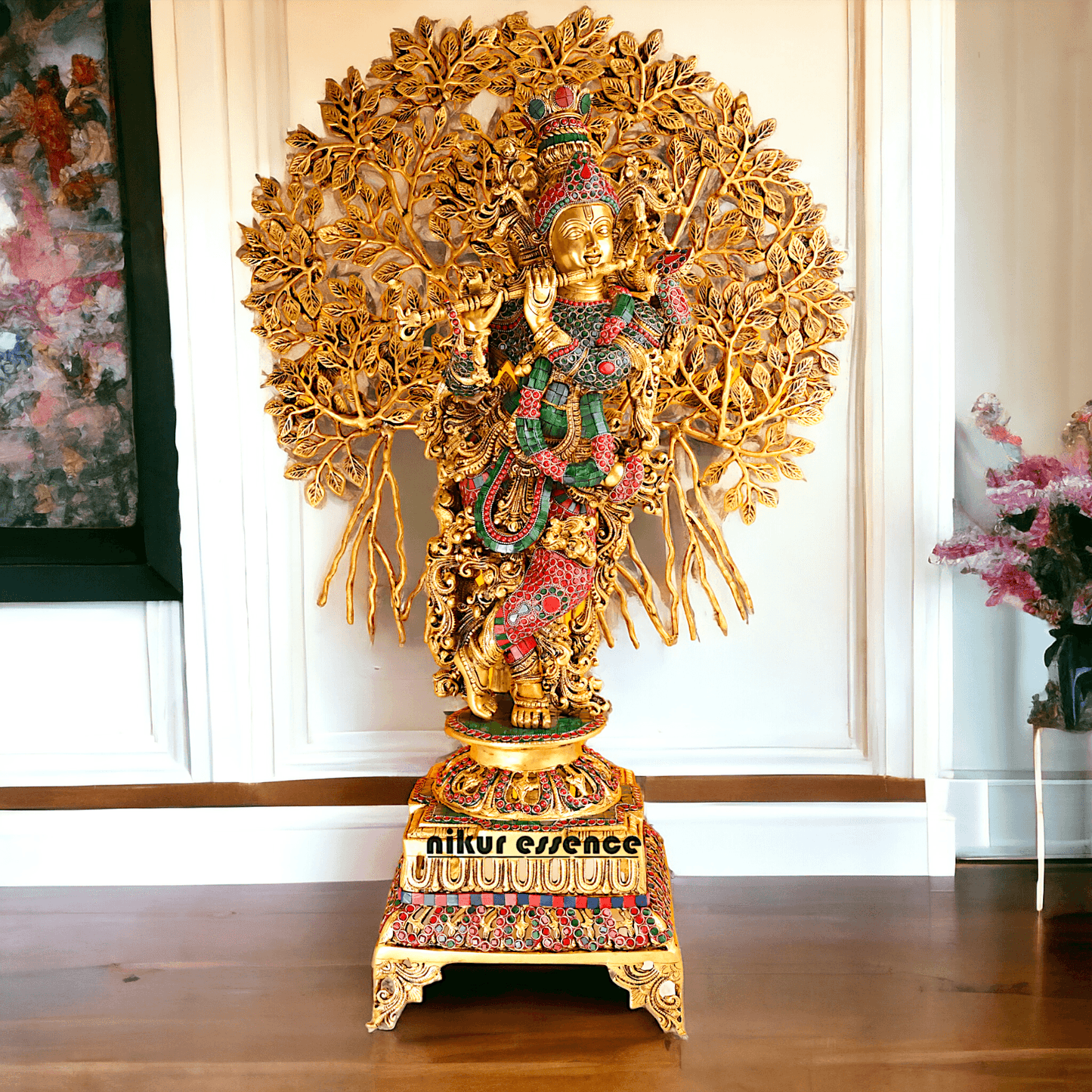 Pure Brass Krishna with Tree Design | Hindu God Krishna | Brass Krishna | Stone work Nikuressence