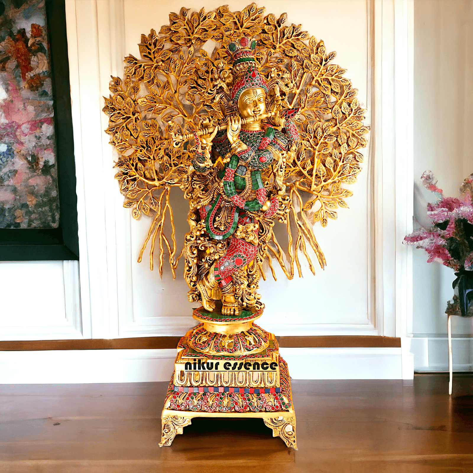 Pure Brass Krishna with Tree Design | Hindu God Krishna | Brass Krishna | Stone work Nikuressence