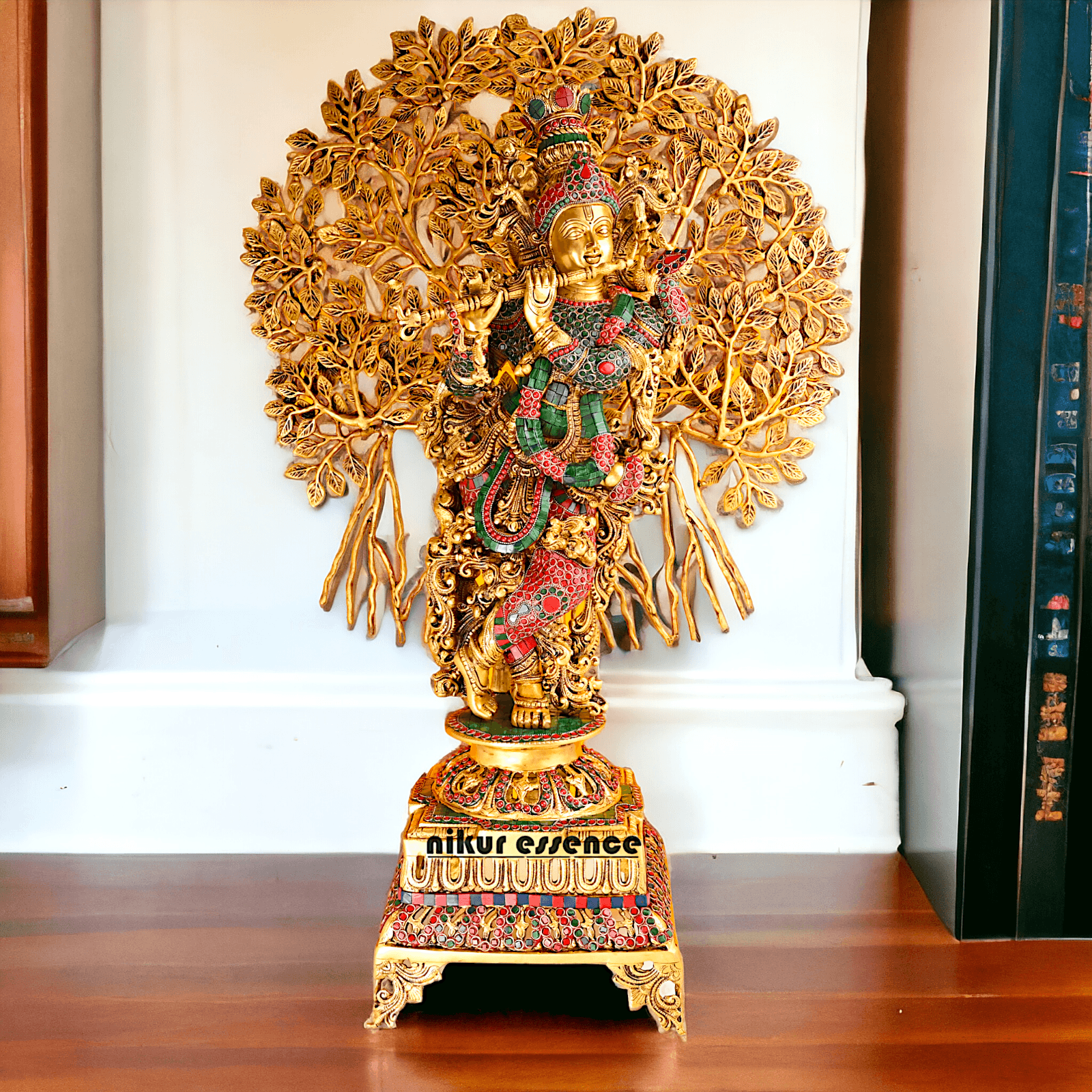 Pure Brass Krishna with Tree Design | Hindu God Krishna | Brass Krishna | Stone work Nikuressence