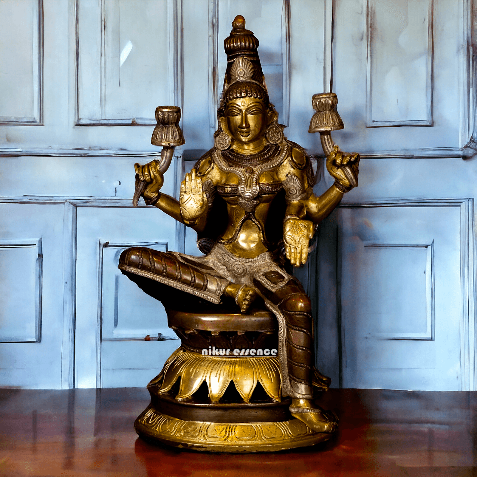 Buy Brass Lakshmi Devi Seated on a Lotus, Handcrafted 12-Inch Spiritual Masterpiece for Home Decor and Puja Room Nikuressence