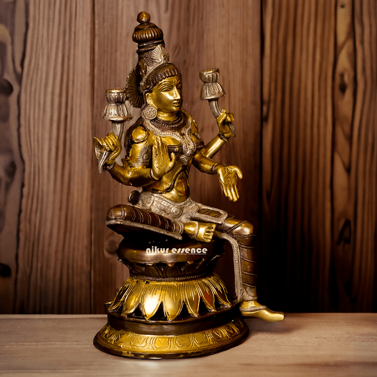 Buy Brass Lakshmi Devi Seated on a Lotus, Handcrafted 12-Inch Spiritual Masterpiece for Home Decor and Puja Room Nikuressence