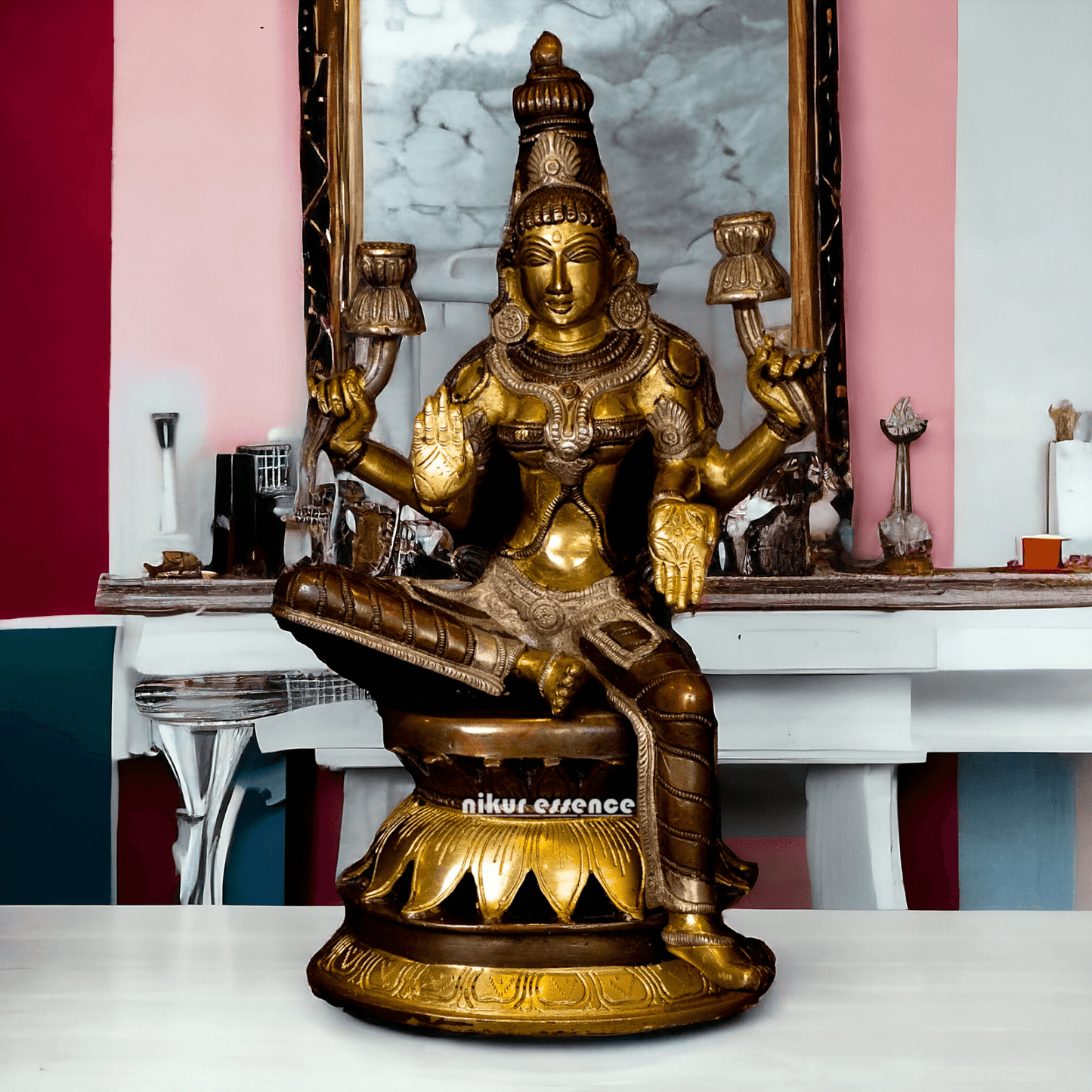Buy Brass Lakshmi Devi Seated on a Lotus, Handcrafted 12-Inch Spiritual Masterpiece for Home Decor and Puja Room Nikuressence