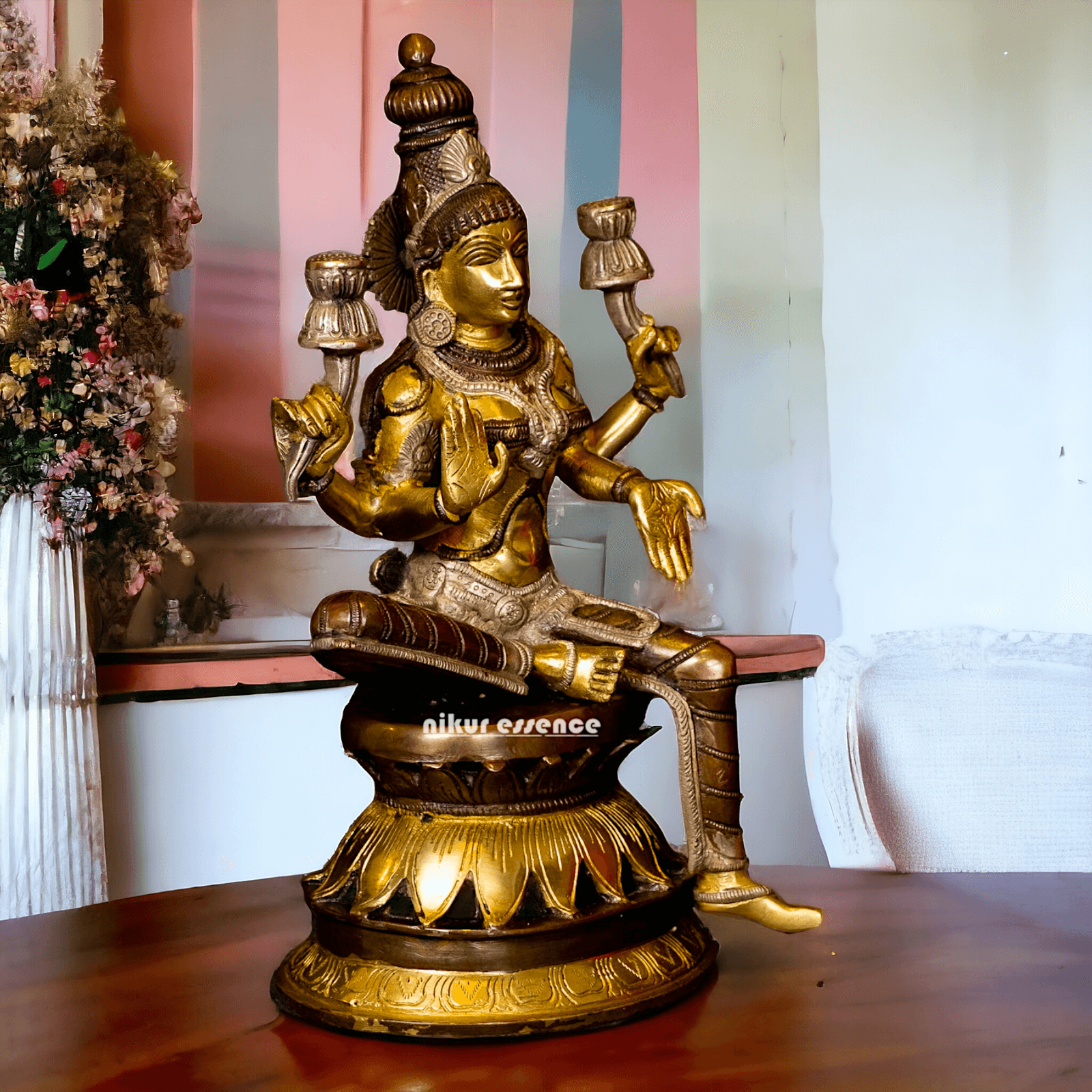 Buy Brass Lakshmi Devi Seated on a Lotus, Handcrafted 12-Inch Spiritual Masterpiece for Home Decor and Puja Room Nikuressence