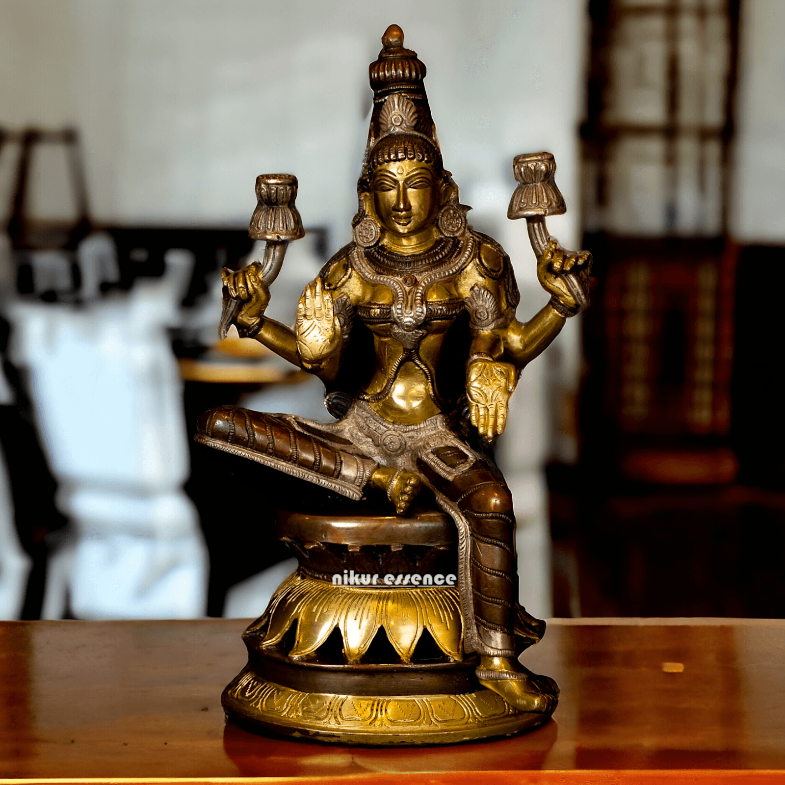 Buy Brass Lakshmi Devi Seated on a Lotus, Handcrafted 12-Inch Spiritual Masterpiece for Home Decor and Puja Room Nikuressence