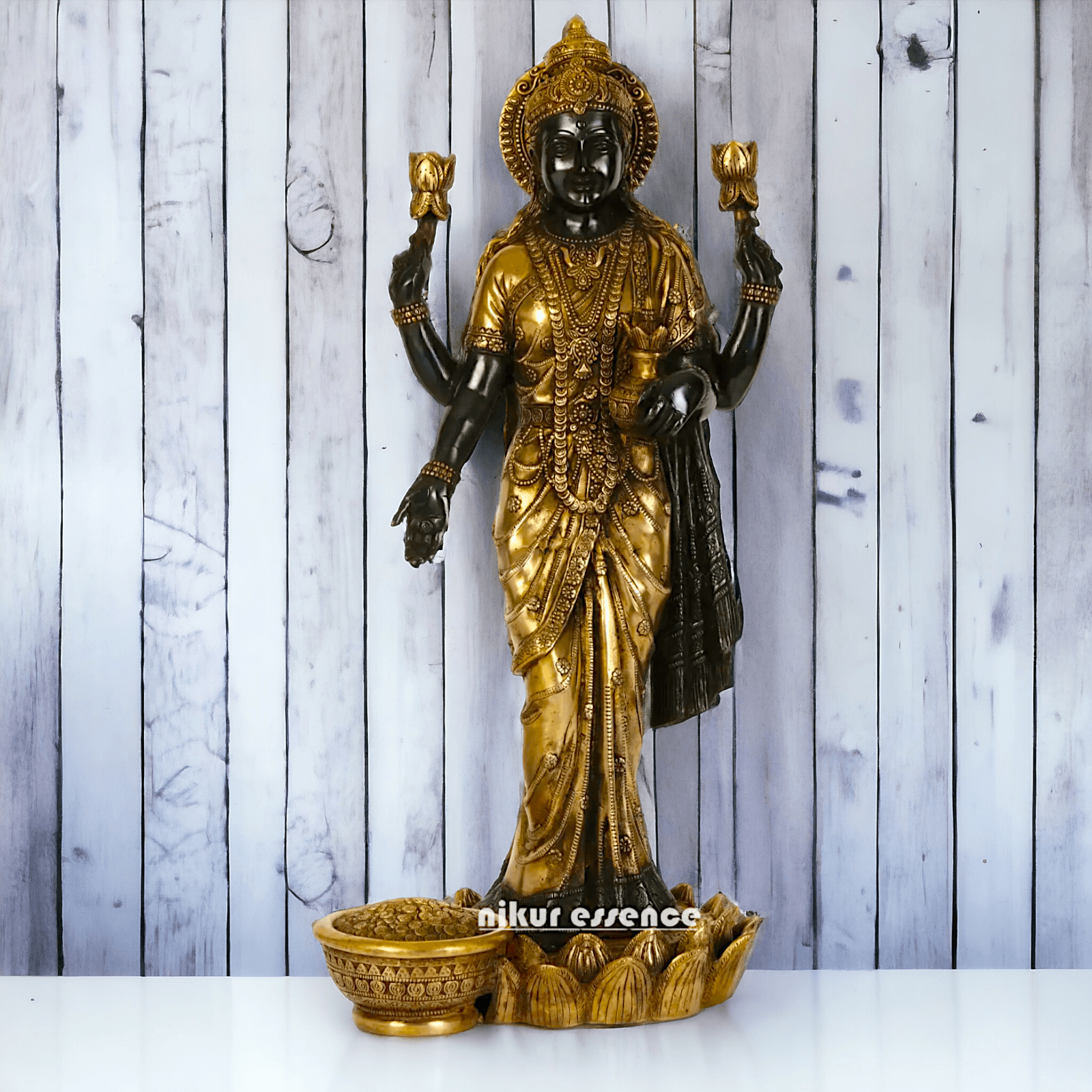 Buy Brass Lakshmi Statue online,Standing on Lotus in Black and Golden Goddess Dhana Traditional Hindu Religious Figurine with Intricate Detailing Nikuressence