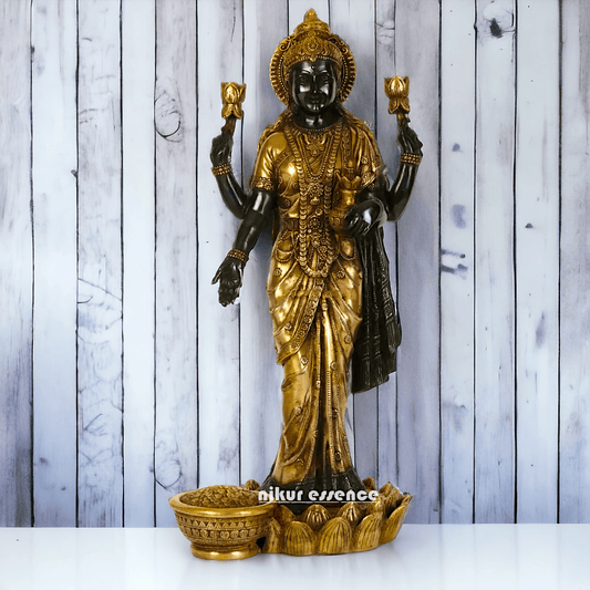 Buy Brass Lakshmi Statue online,Standing on Lotus in Black and Golden Goddess Dhana Traditional Hindu Religious Figurine with Intricate Detailing Nikuressence