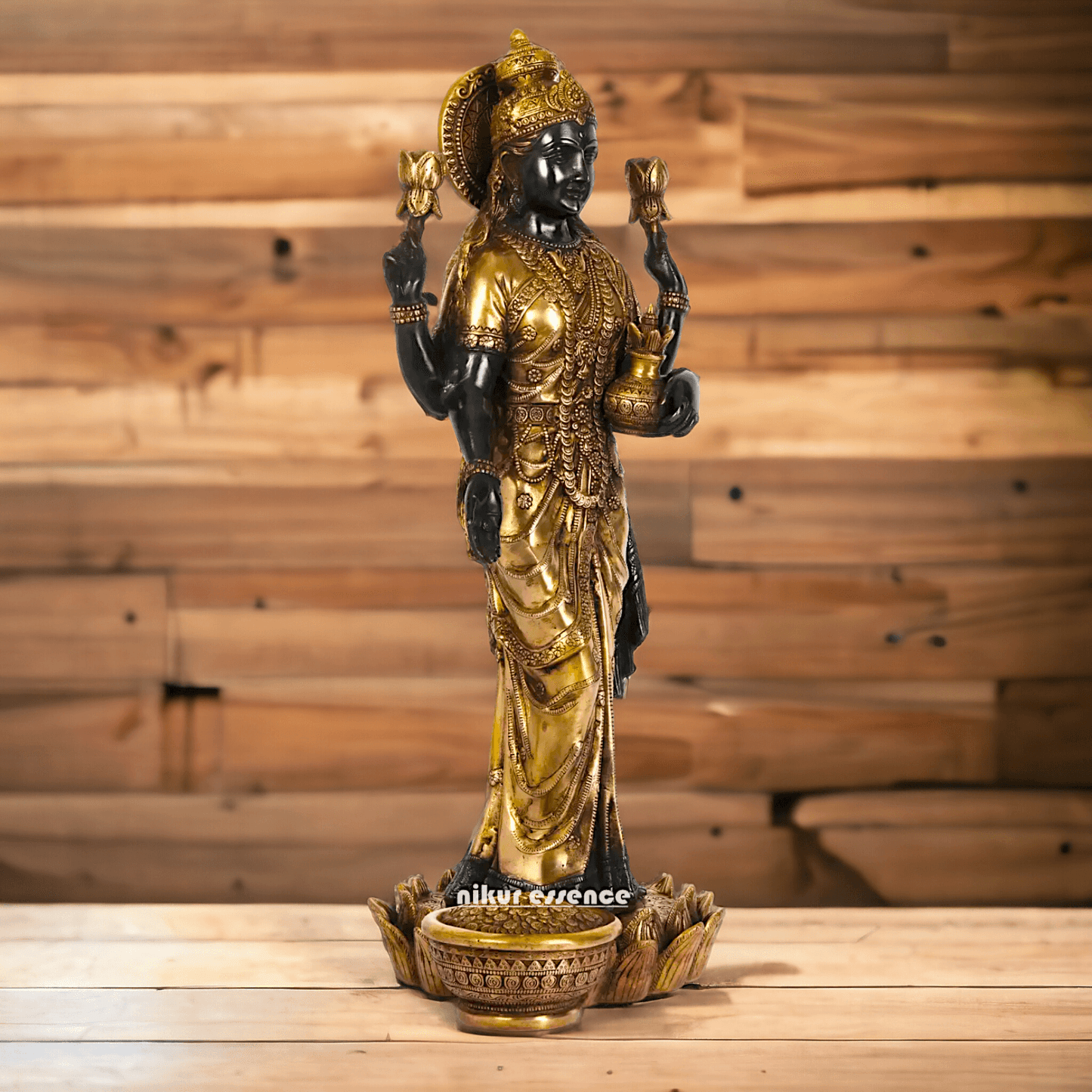 Buy Brass Lakshmi Statue online,Standing on Lotus in Black and Golden Goddess Dhana Traditional Hindu Religious Figurine with Intricate Detailing Nikuressence