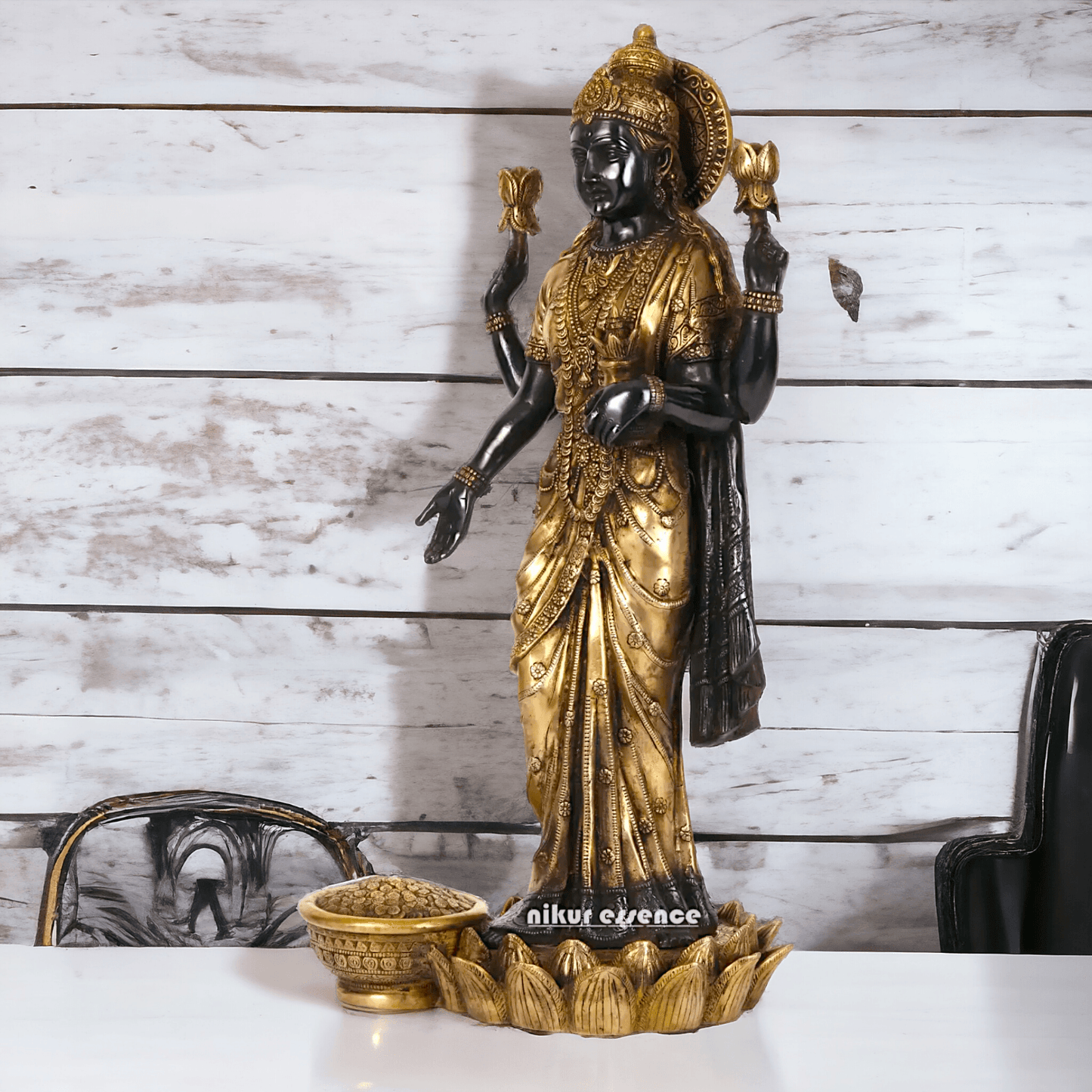 Buy Brass Lakshmi Statue online,Standing on Lotus in Black and Golden Goddess Dhana Traditional Hindu Religious Figurine with Intricate Detailing Nikuressence
