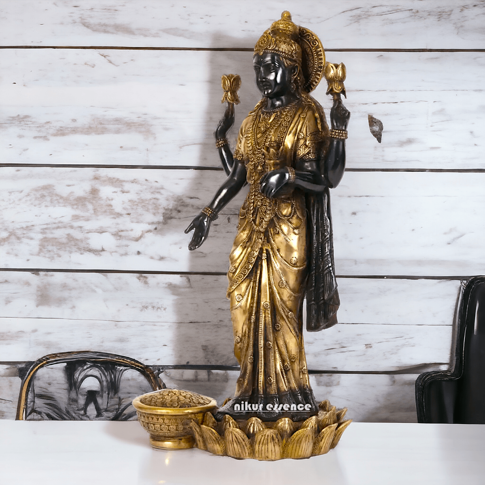 Buy Brass Lakshmi Statue online,Standing on Lotus in Black and Golden Goddess Dhana Traditional Hindu Religious Figurine with Intricate Detailing Nikuressence
