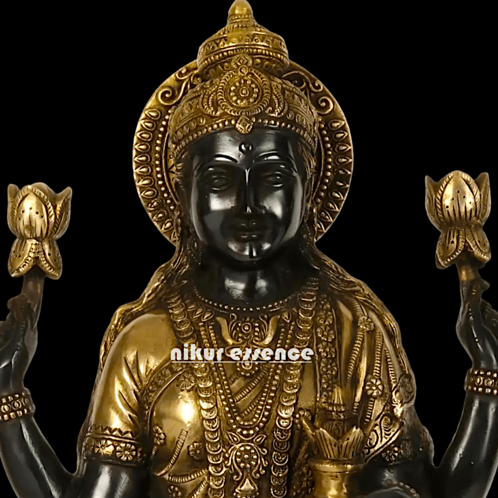 Buy Brass Lakshmi Statue online,Standing on Lotus in Black and Golden Goddess Dhana Traditional Hindu Religious Figurine with Intricate Detailing Nikuressence