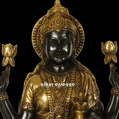 Buy Brass Lakshmi Statue online,Standing on Lotus in Black and Golden Goddess Dhana Traditional Hindu Religious Figurine with Intricate Detailing Nikuressence