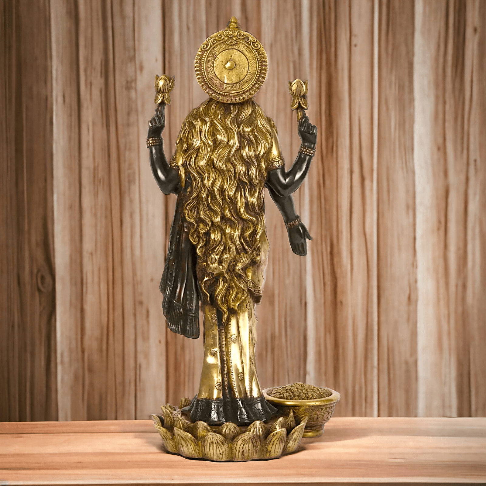 Buy Brass Lakshmi Statue online,Standing on Lotus in Black and Golden Goddess Dhana Traditional Hindu Religious Figurine with Intricate Detailing Nikuressence