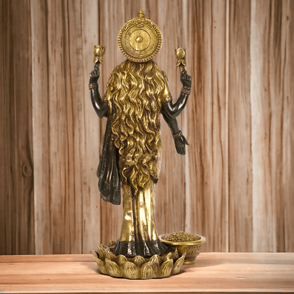Buy Brass Lakshmi Statue online,Standing on Lotus in Black and Golden Goddess Dhana Traditional Hindu Religious Figurine with Intricate Detailing Nikuressence
