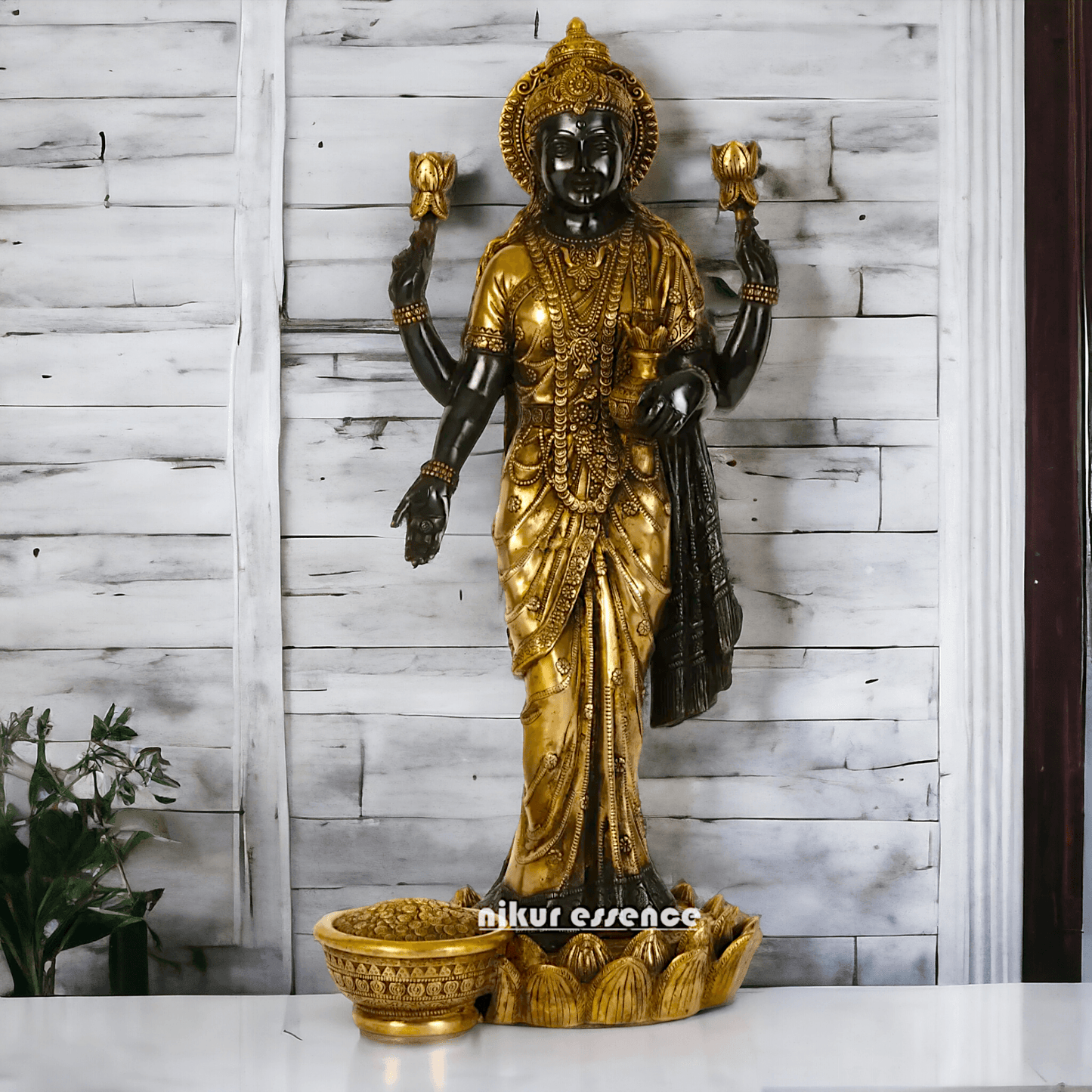 Buy Brass Lakshmi Statue online,Standing on Lotus in Black and Golden Goddess Dhana Traditional Hindu Religious Figurine with Intricate Detailing Nikuressence