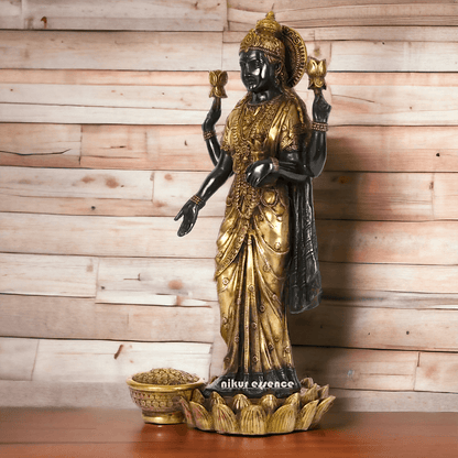 Buy Brass Lakshmi Statue online,Standing on Lotus in Black and Golden Goddess Dhana Traditional Hindu Religious Figurine with Intricate Detailing Nikuressence