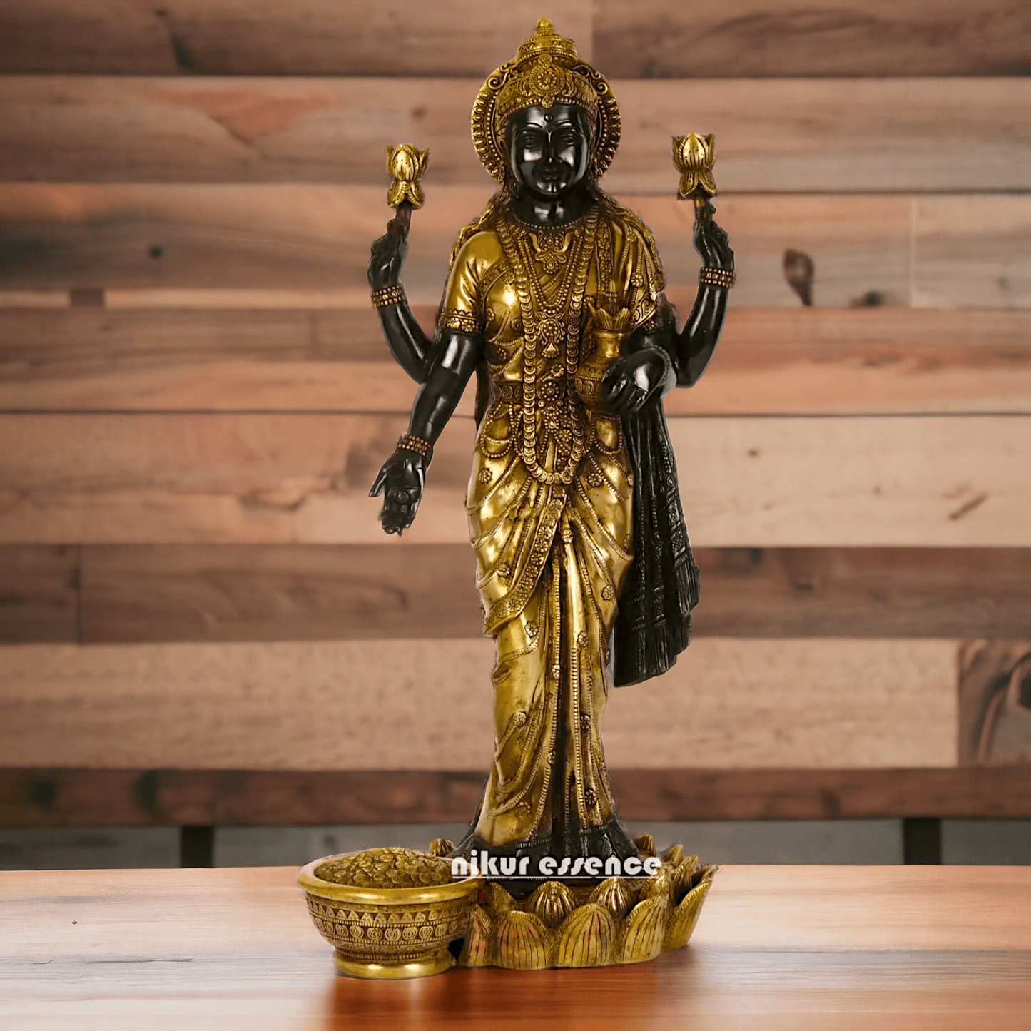 Buy Brass Lakshmi Statue online,Standing on Lotus in Black and Golden Goddess Dhana Traditional Hindu Religious Figurine with Intricate Detailing Nikuressence