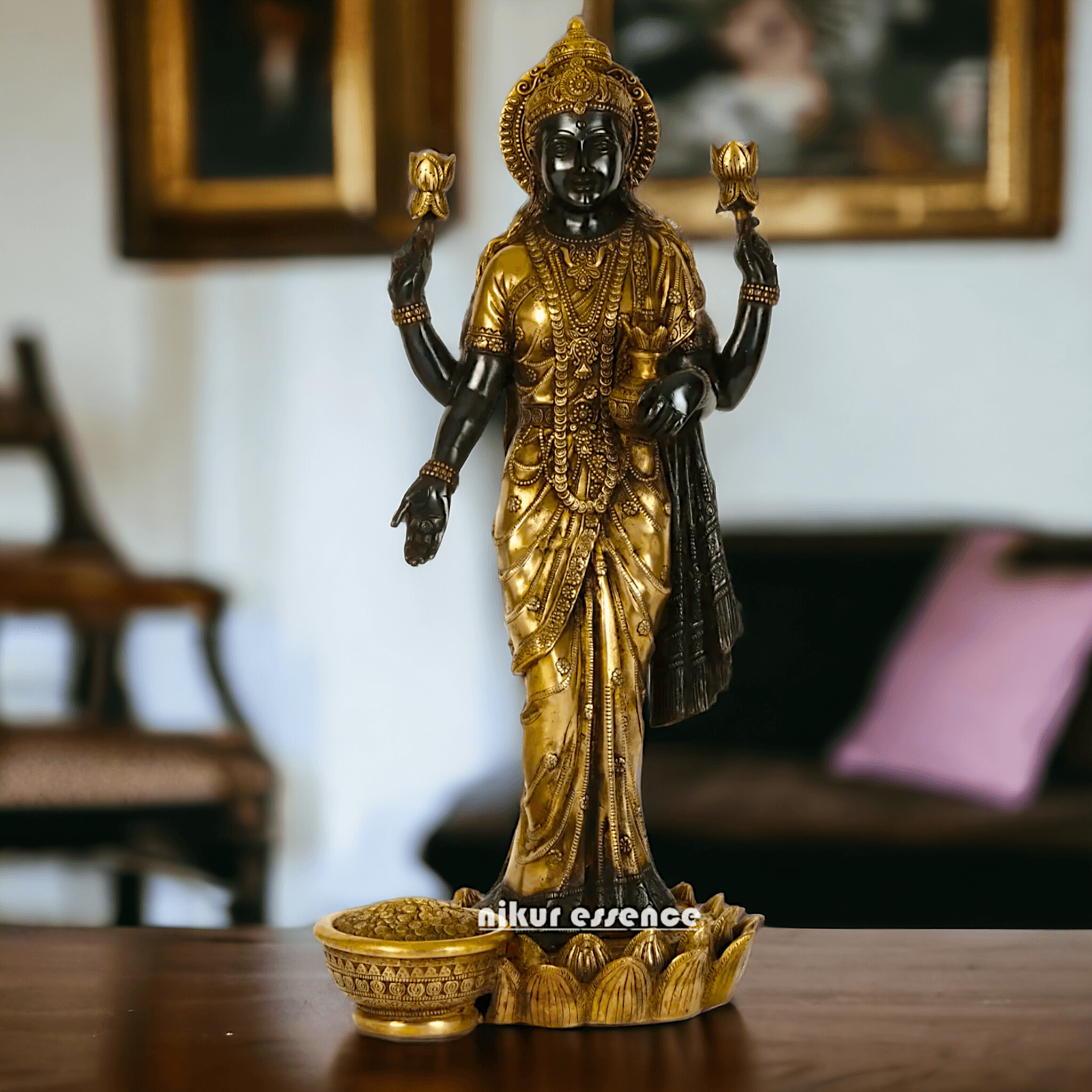 Buy Brass Lakshmi Statue online,Standing on Lotus in Black and Golden Goddess Dhana Traditional Hindu Religious Figurine with Intricate Detailing Nikuressence