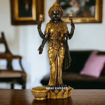 Buy Brass Lakshmi Statue online,Standing on Lotus in Black and Golden Goddess Dhana Traditional Hindu Religious Figurine with Intricate Detailing Nikuressence