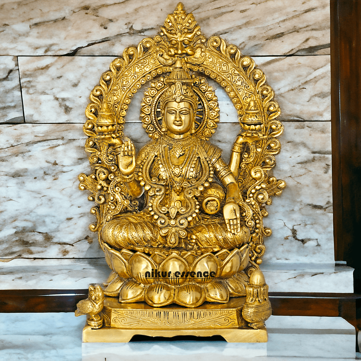 Pure Brass Lakshmi Seated on Lotus Throne with Kirtimukha Prabhawali , Hindu Divine Artwork for Home Altar Decor and Spiritual Grace Nikuressence