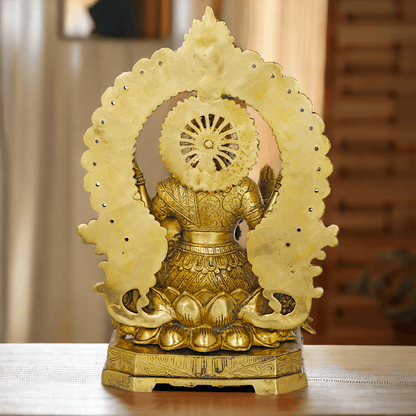 Pure Brass Lakshmi Seated on Lotus Throne with Kirtimukha Prabhawali , Hindu Divine Artwork for Home Altar Decor and Spiritual Grace Nikuressence