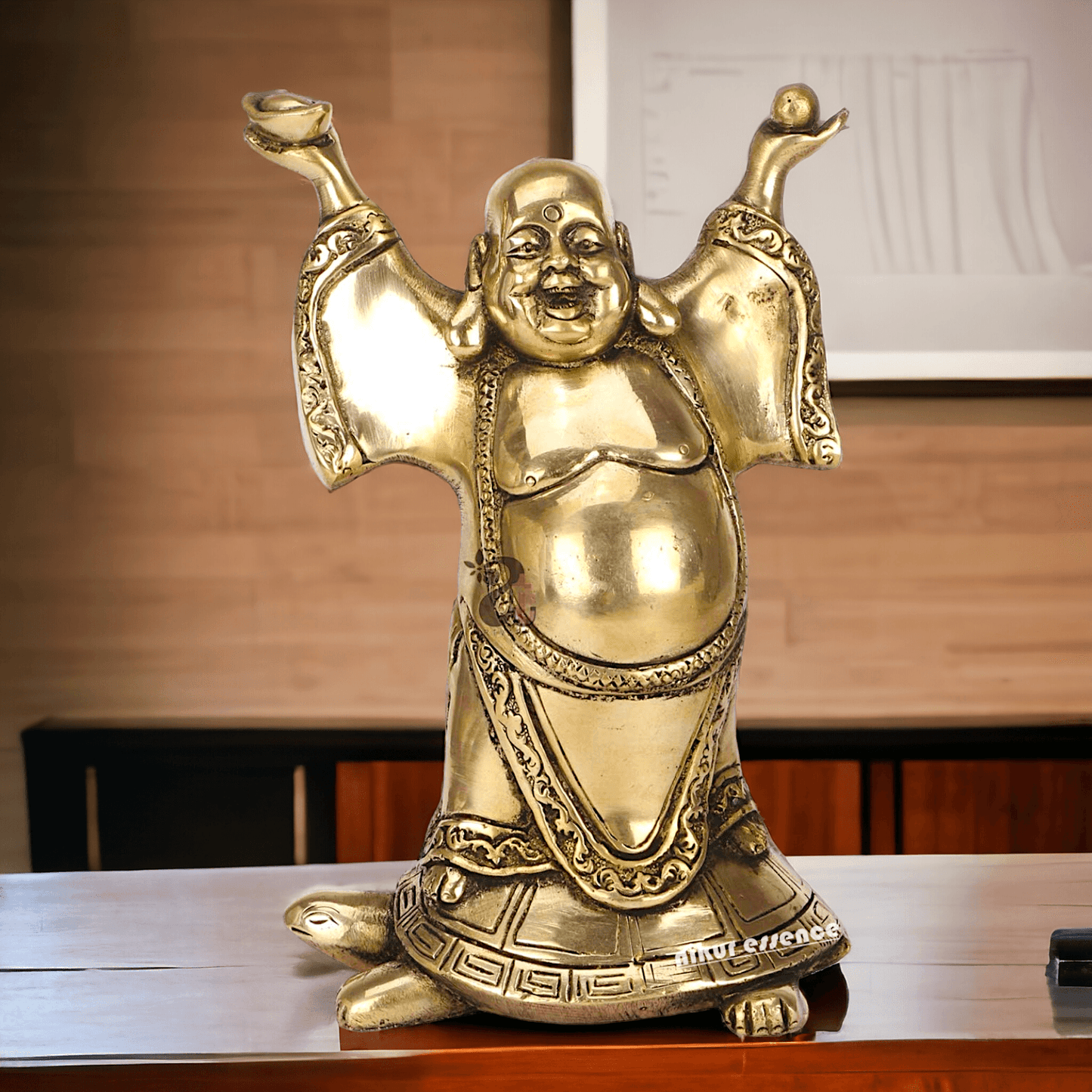 Laughing Buddha Standing on Tortoise Brass Statue – 9 Inches, Symbol of Prosperity and Longevity for Your Home or Office Nikuressence