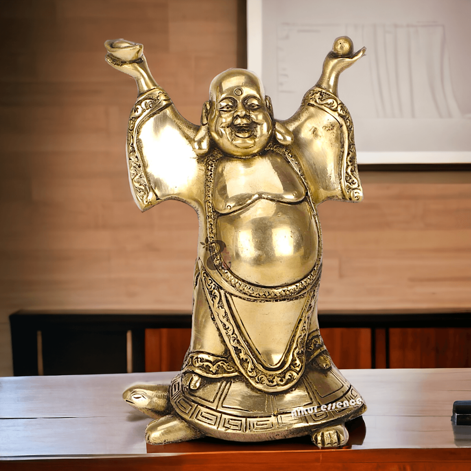 Laughing Buddha Standing on Tortoise Brass Statue – 9 Inches, Symbol of Prosperity and Longevity for Your Home or Office Nikuressence