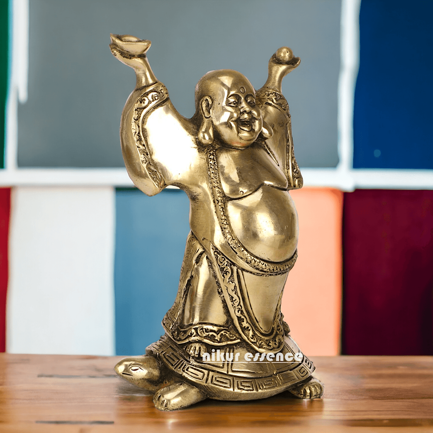 Laughing Buddha Standing on Tortoise Brass Statue – 9 Inches, Symbol of Prosperity and Longevity for Your Home or Office Nikuressence