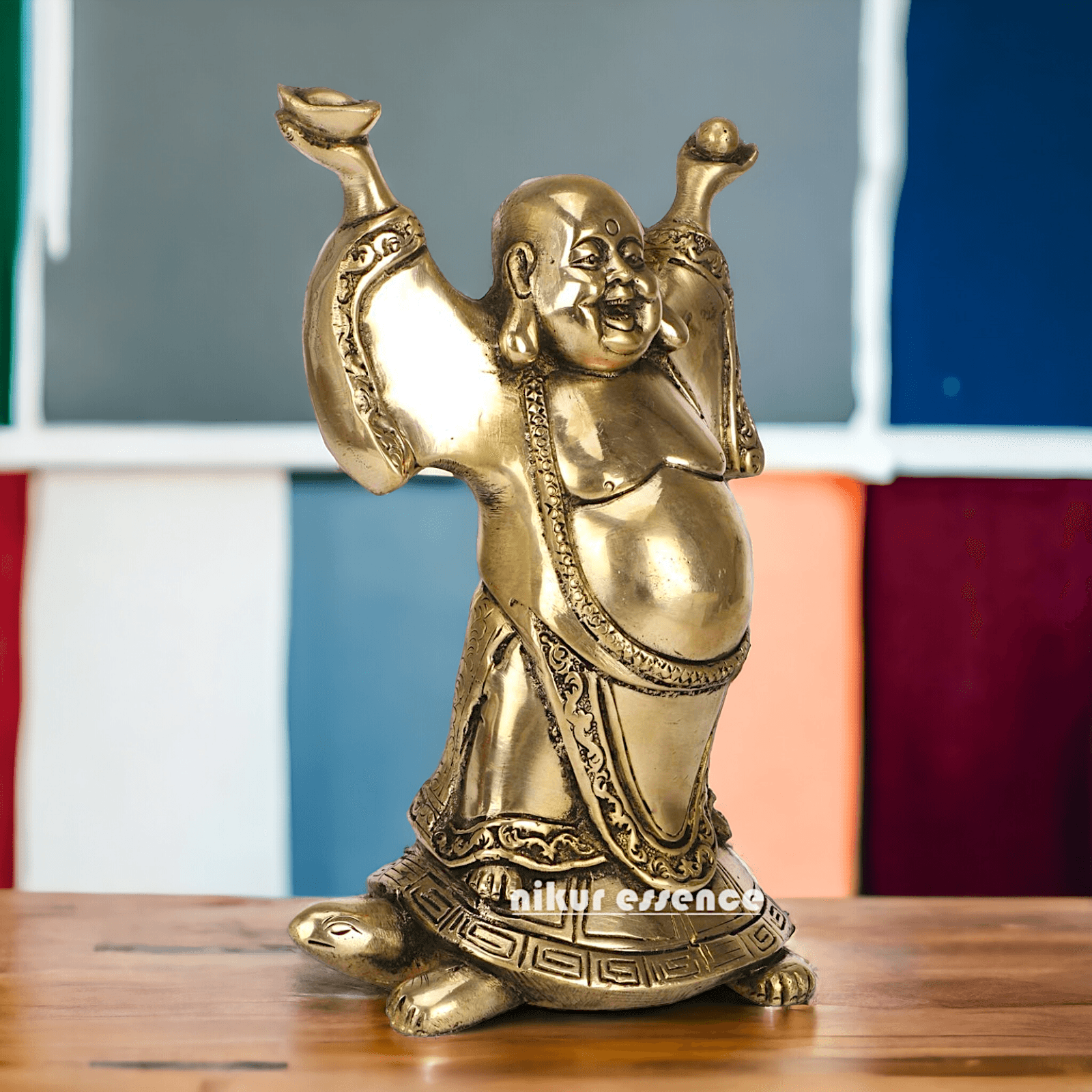 Laughing Buddha Standing on Tortoise Brass Statue – 9 Inches, Symbol of Prosperity and Longevity for Your Home or Office Nikuressence