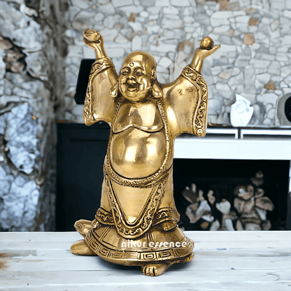 Laughing Buddha Standing on Tortoise Brass Statue – 9 Inches, Symbol of Prosperity and Longevity for Your Home or Office Nikuressence