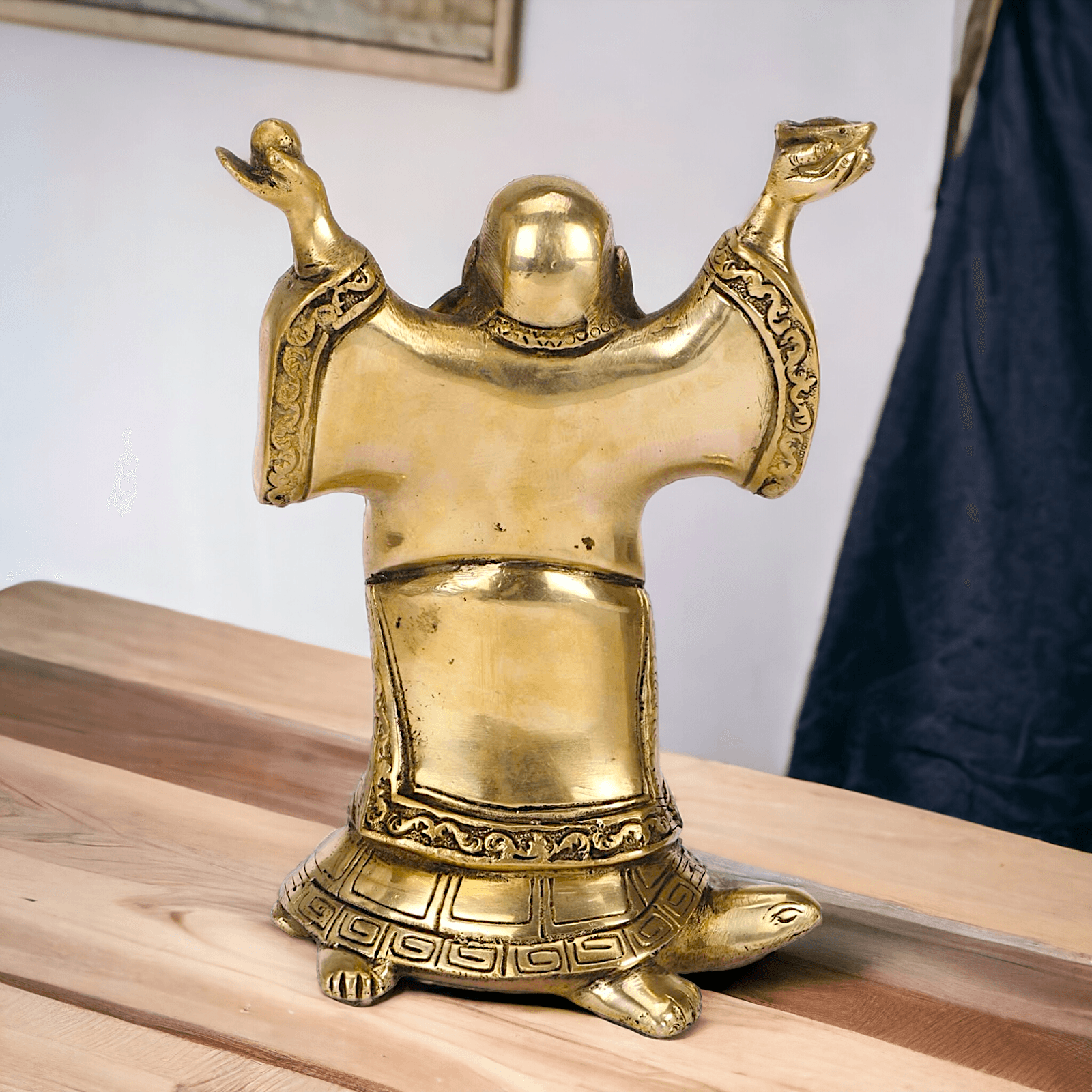Laughing Buddha Standing on Tortoise Brass Statue – 9 Inches, Symbol of Prosperity and Longevity for Your Home or Office Nikuressence
