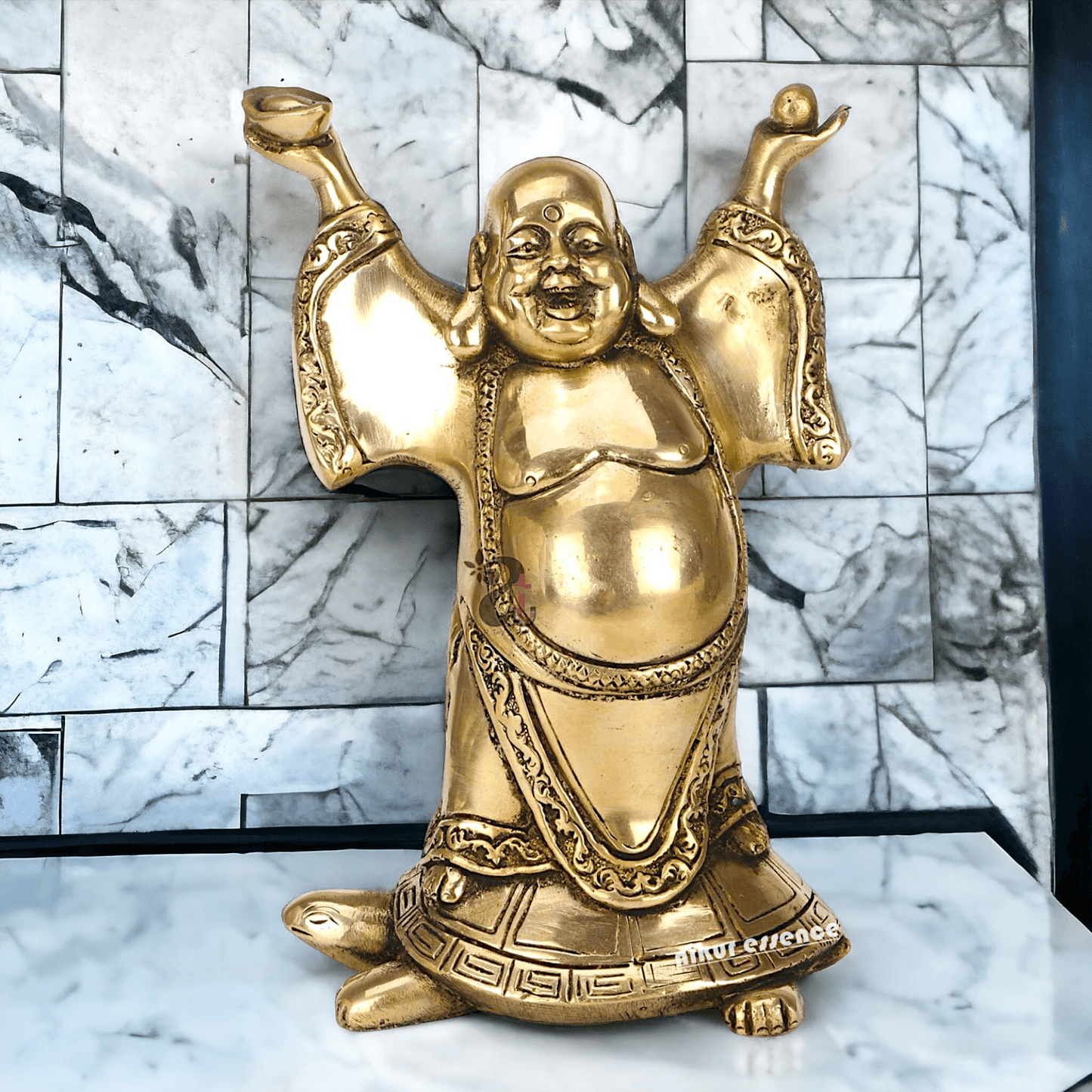 Laughing Buddha Standing on Tortoise Brass Statue – 9 Inches, Symbol of Prosperity and Longevity for Your Home or Office Nikuressence