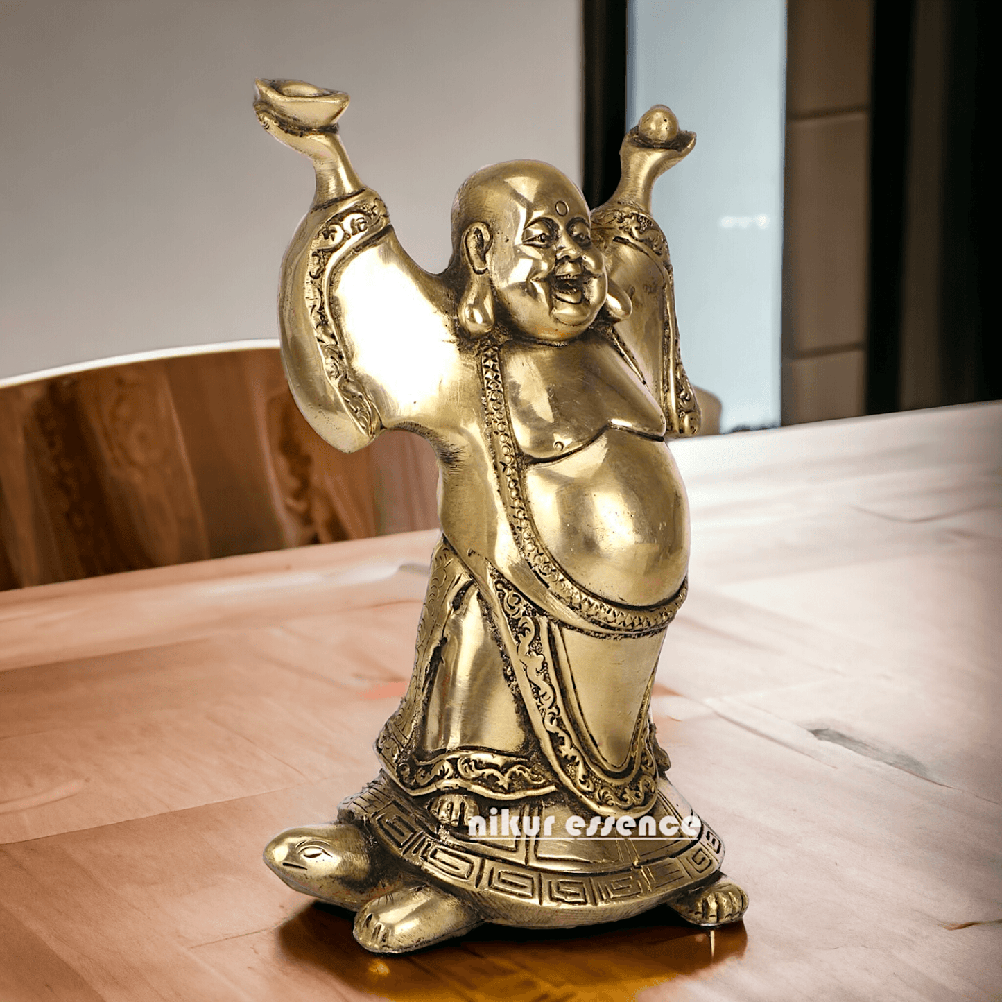 Laughing Buddha Standing on Tortoise Brass Statue – 9 Inches, Symbol of Prosperity and Longevity for Your Home or Office Nikuressence