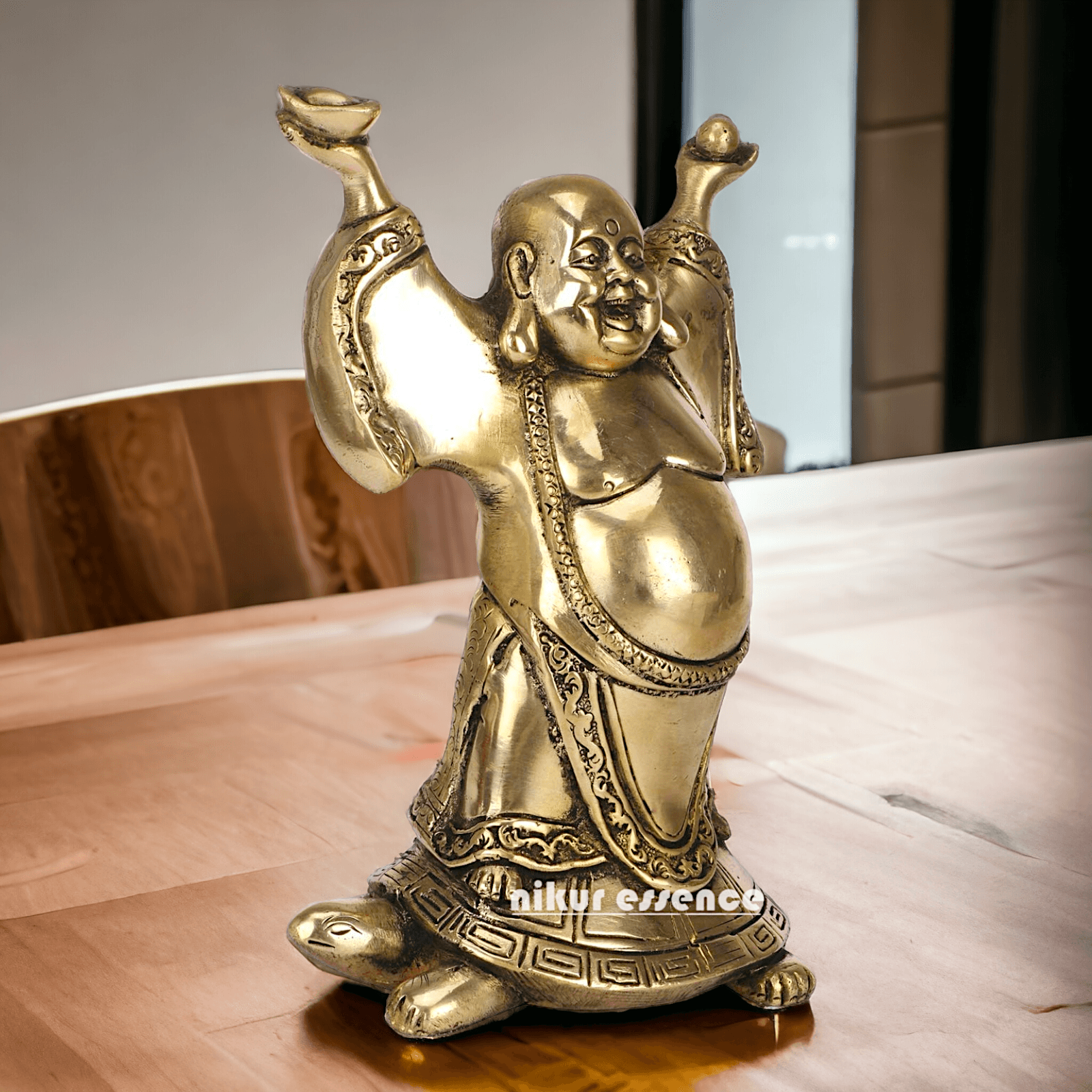Laughing Buddha Standing on Tortoise Brass Statue – 9 Inches, Symbol of Prosperity and Longevity for Your Home or Office Nikuressence