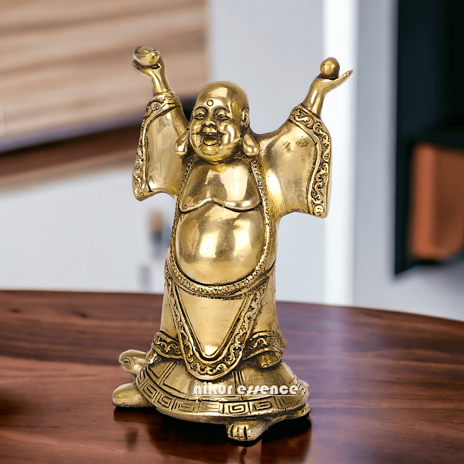 Laughing Buddha Standing on Tortoise Brass Statue – 9 Inches, Symbol of Prosperity and Longevity for Your Home or Office Nikuressence