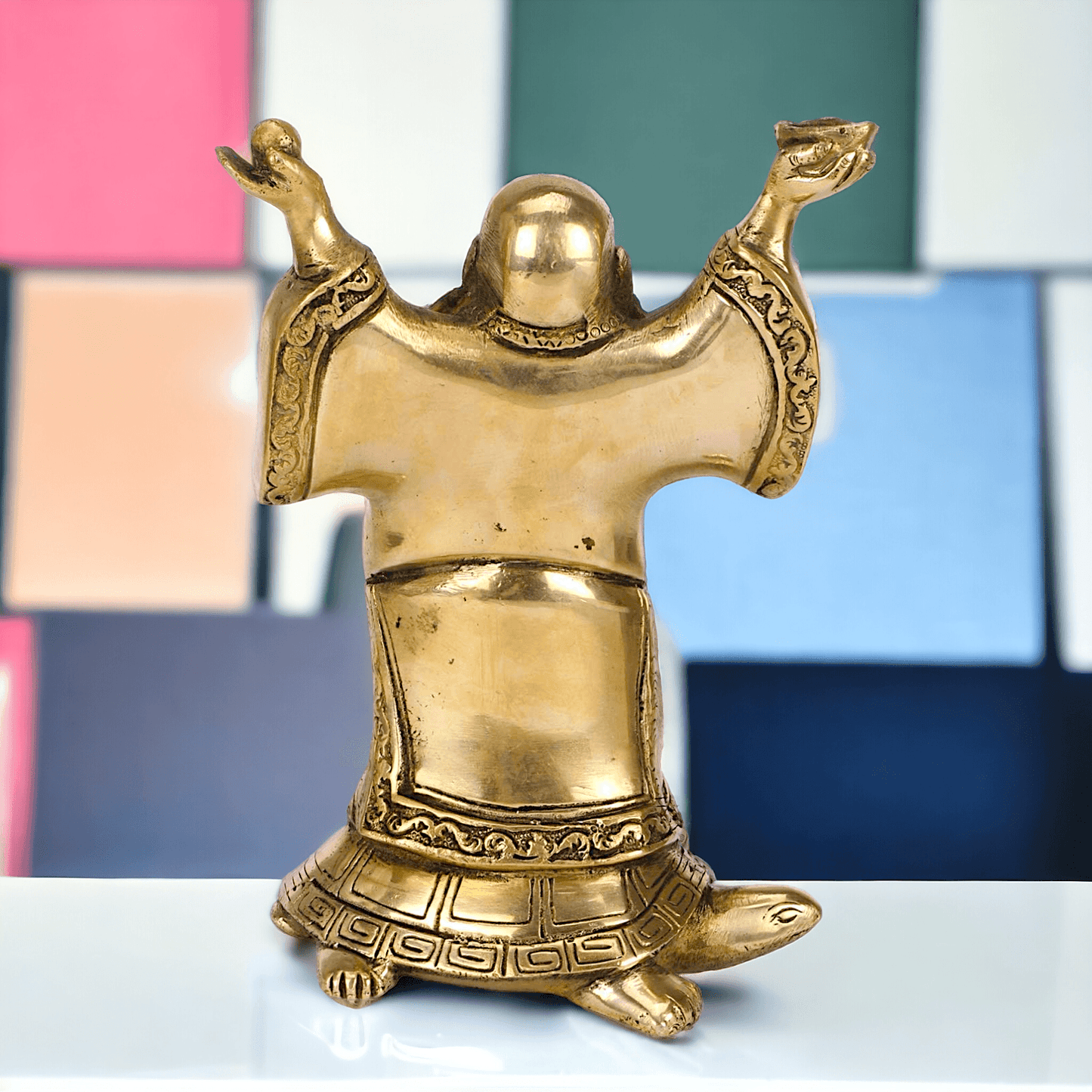 Laughing Buddha Standing on Tortoise Brass Statue – 9 Inches, Symbol of Prosperity and Longevity for Your Home or Office Nikuressence