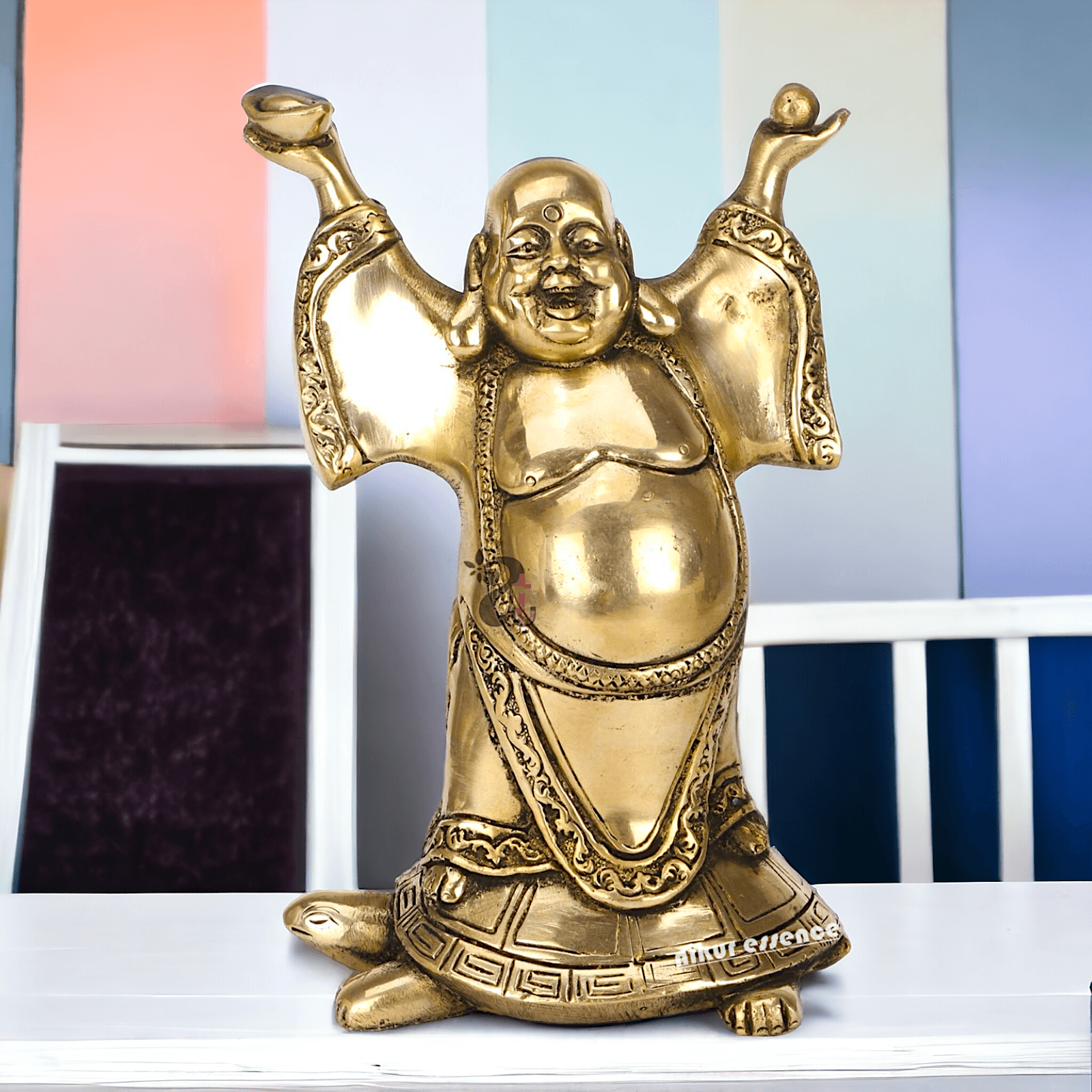 Laughing Buddha Standing on Tortoise Brass Statue – 9 Inches, Symbol of Prosperity and Longevity for Your Home or Office Nikuressence