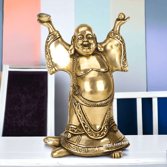Laughing Buddha Standing on Tortoise Brass Statue – 9 Inches, Symbol of Prosperity and Longevity for Your Home or Office Nikuressence