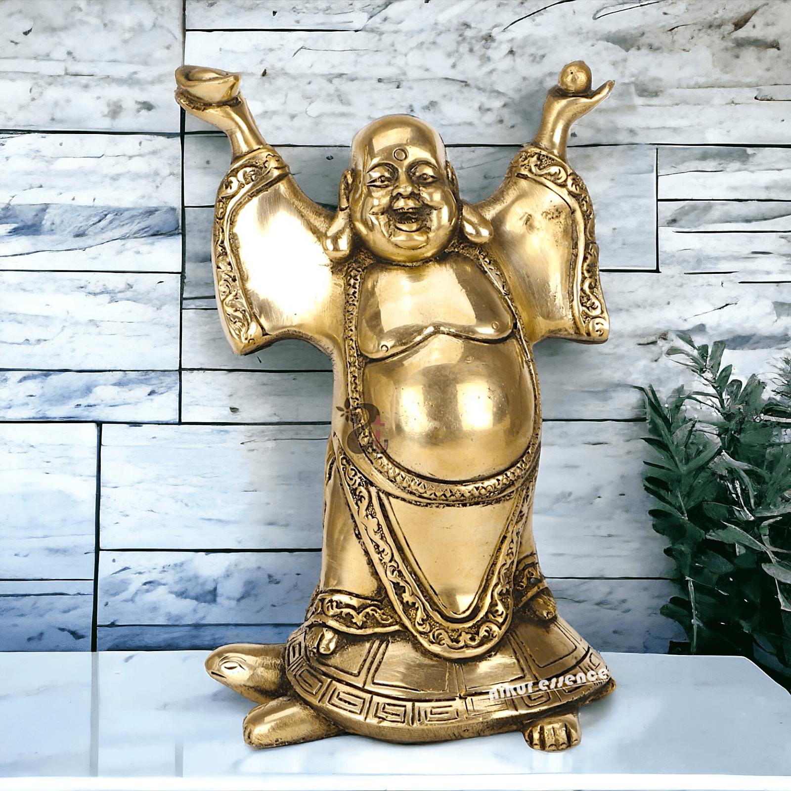 Laughing Buddha Standing on Tortoise Brass Statue – 9 Inches, Symbol of Prosperity and Longevity for Your Home or Office Nikuressence