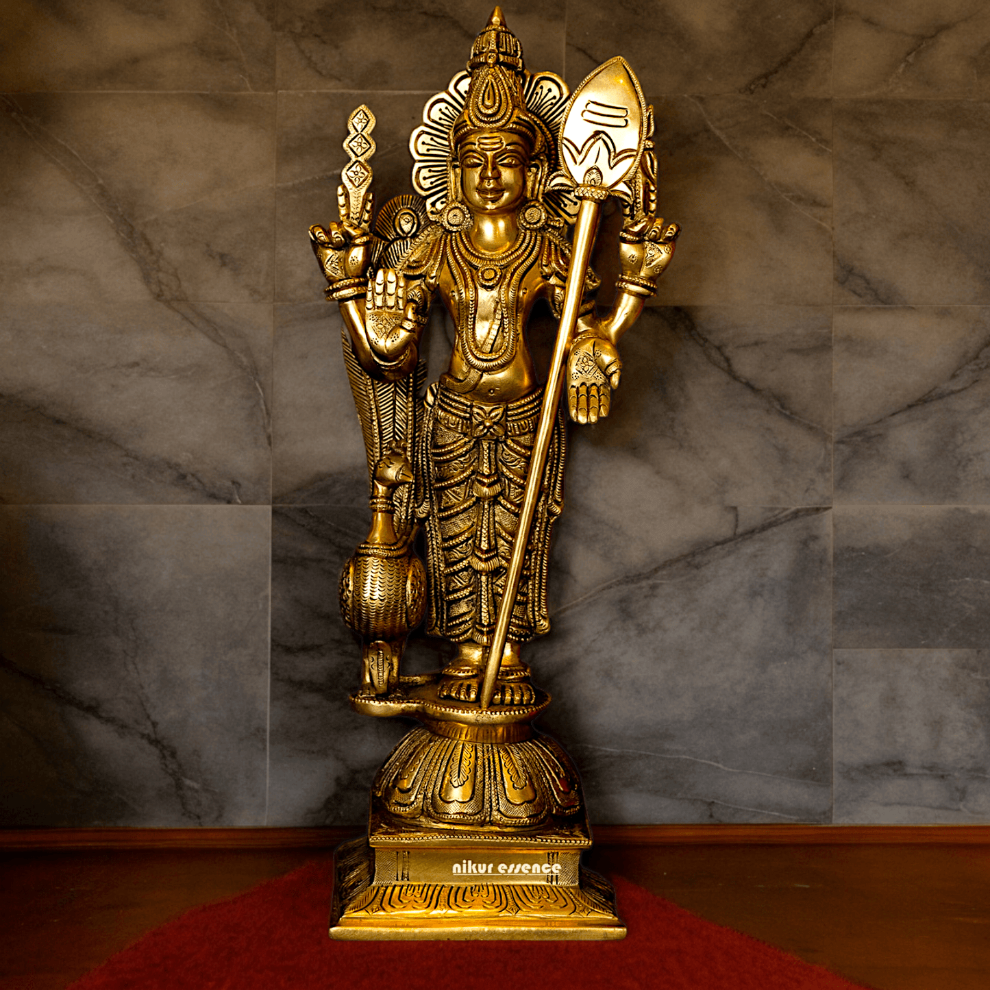 Superfine brass 34 cm Lord Karthikeya Brass Statue - Majestic Handcrafted South Indian Hindu Deity Nikuressence