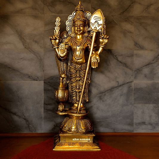 Superfine brass 34 cm Lord Karthikeya Brass Statue - Majestic Handcrafted South Indian Hindu Deity Nikuressence