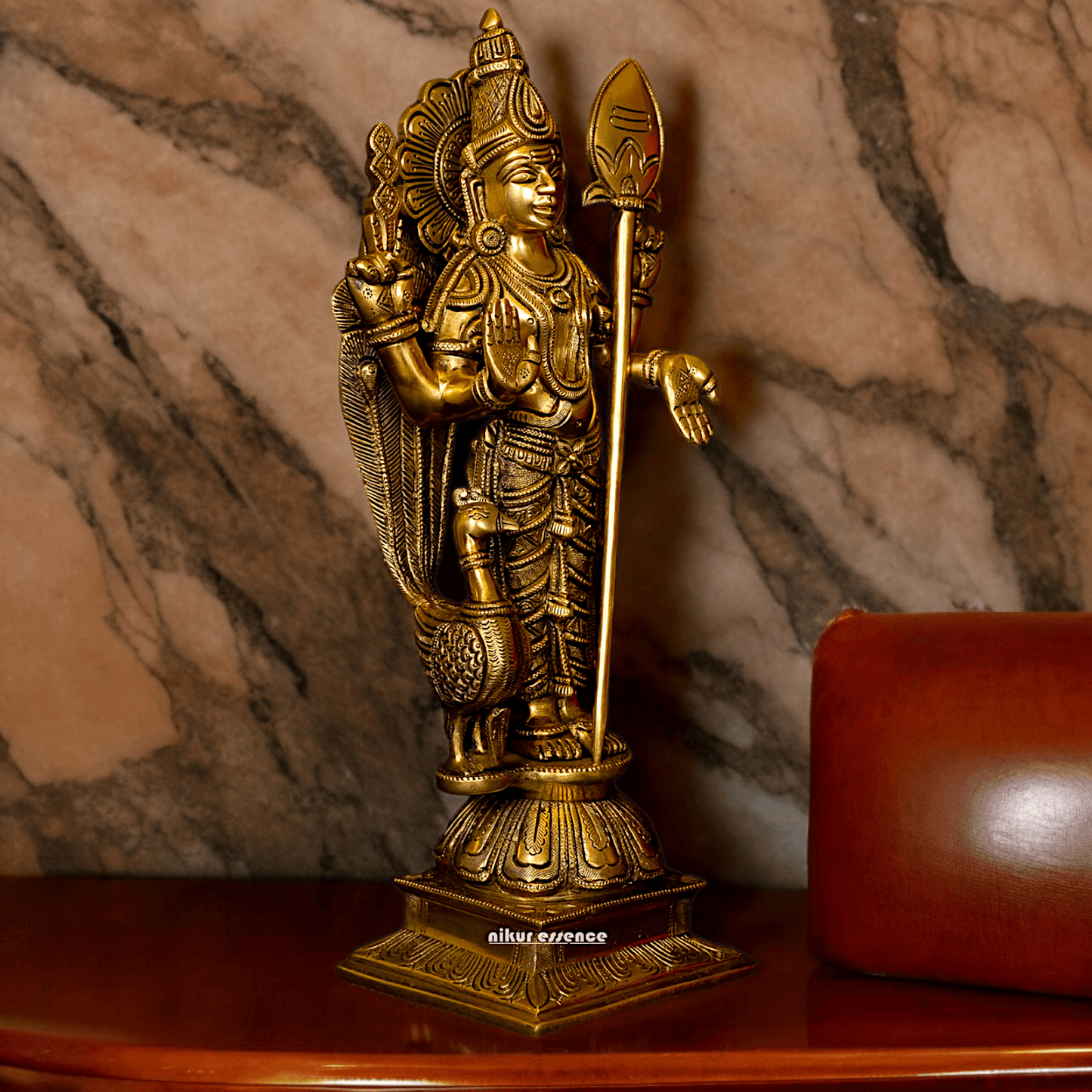 Superfine brass 34 cm Lord Karthikeya Brass Statue - Majestic Handcrafted South Indian Hindu Deity Nikuressence