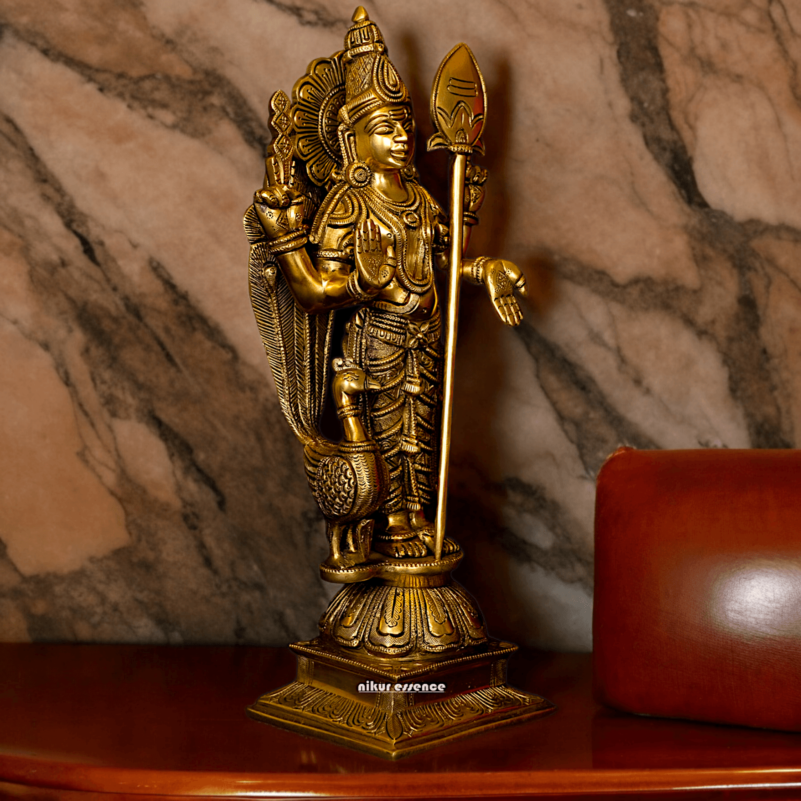 Superfine brass 34 cm Lord Karthikeya Brass Statue - Majestic Handcrafted South Indian Hindu Deity Nikuressence