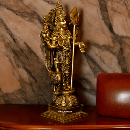 Superfine brass 34 cm Lord Karthikeya Brass Statue - Majestic Handcrafted South Indian Hindu Deity Nikuressence