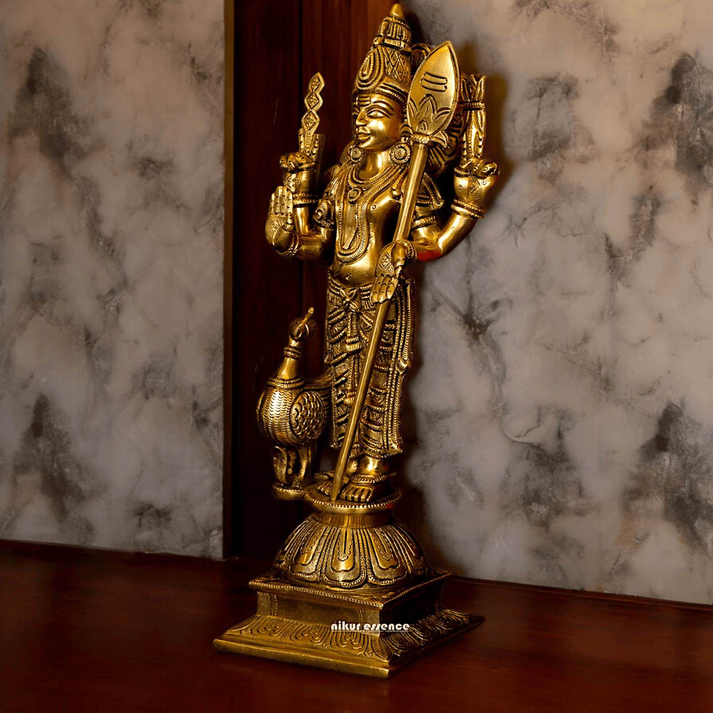 Superfine brass 34 cm Lord Karthikeya Brass Statue - Majestic Handcrafted South Indian Hindu Deity Nikuressence