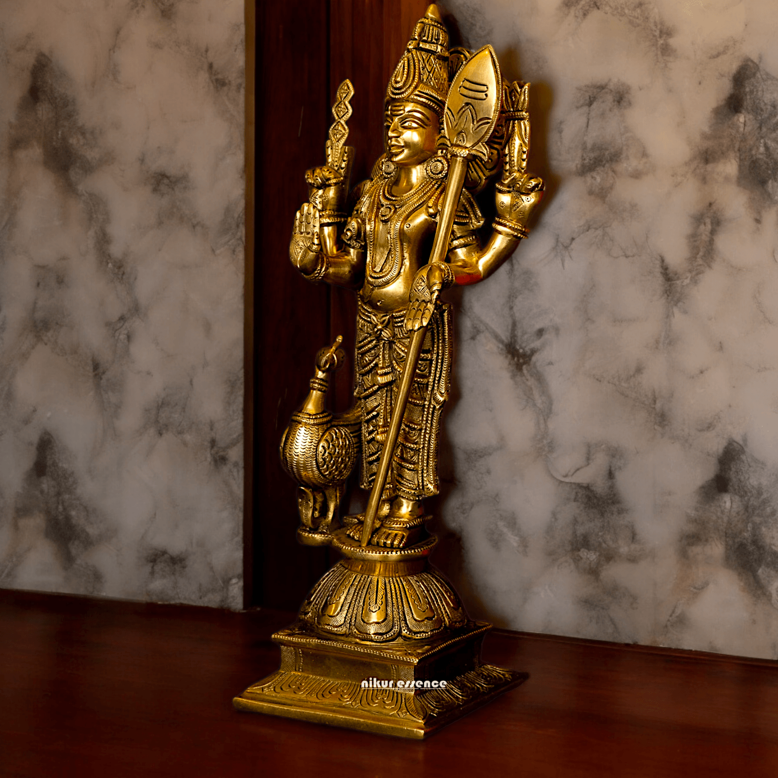 Superfine brass 34 cm Lord Karthikeya Brass Statue - Majestic Handcrafted South Indian Hindu Deity Nikuressence