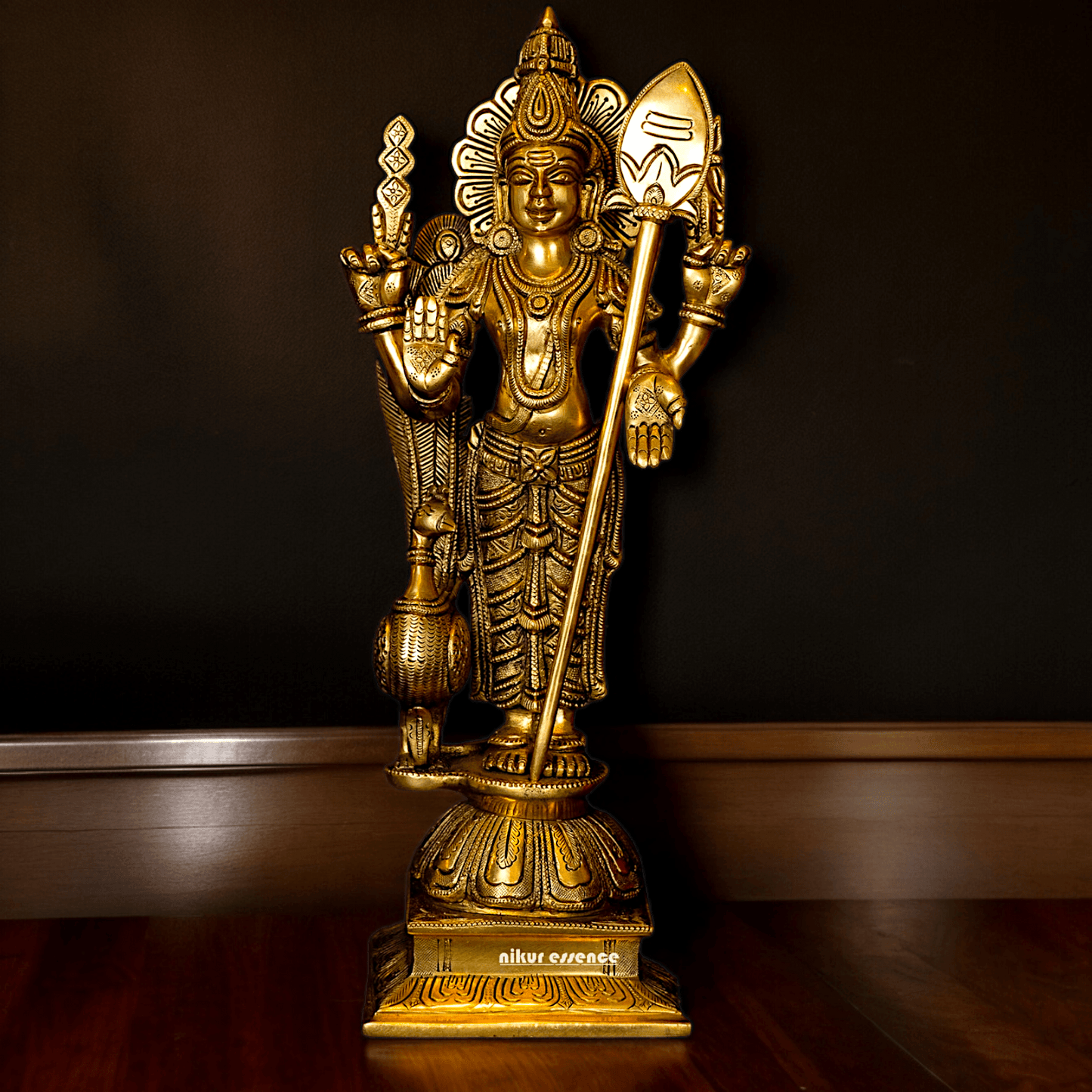 Superfine brass 34 cm Lord Karthikeya Brass Statue - Majestic Handcrafted South Indian Hindu Deity Nikuressence